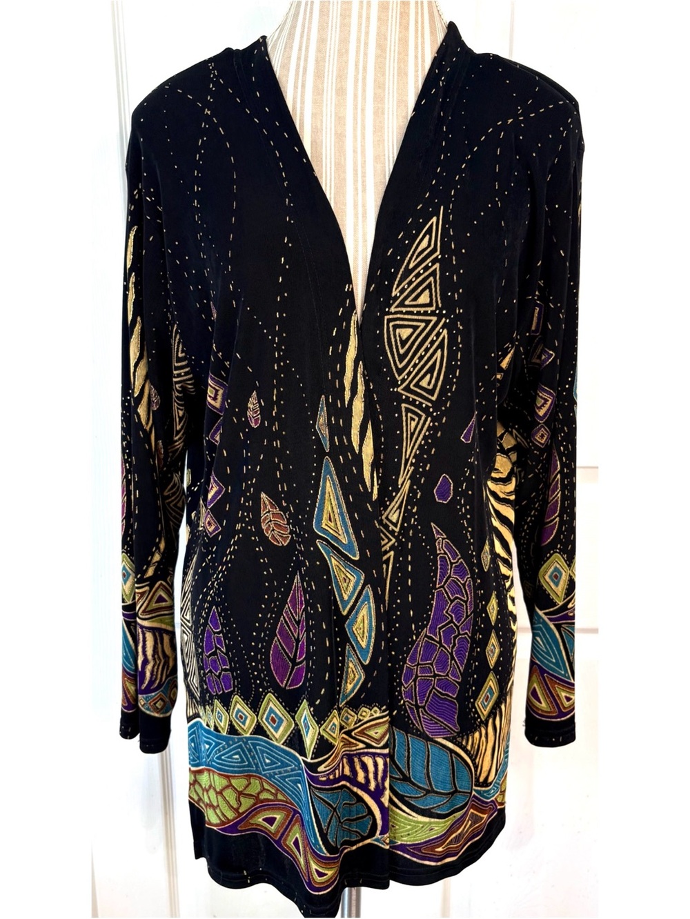 Parsley & Sage Slinky Metallic Animal Print Art To Wear Open Blazer XL